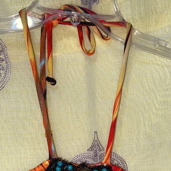 BEADED WESTERN DECOR HALTER DRESS SZ L REAR ELASTIC BACKLESS - Picture 6 of 16